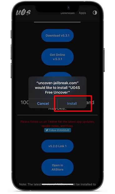 iOS 14.4 jailbreak with uncover. tab the uncover install button.